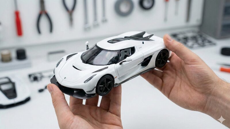 1/18スケールの白いスーパーカーのモデルを手に持ち、その重さと質感を確かめている様子