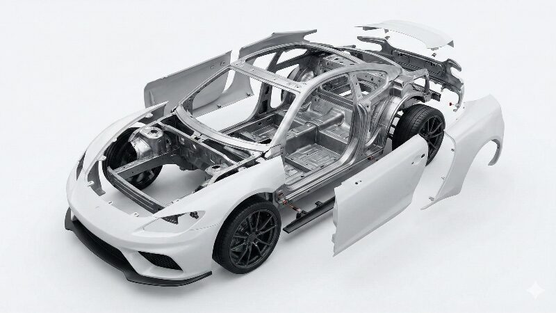 内部の金属フレームと外部の樹脂パネルが組み合わさる様子を示したコンポジットモデルの構造イメージ図