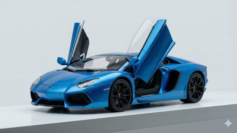 シザードアを開けた状態で展示されている青いランボルギーニのモデルカー