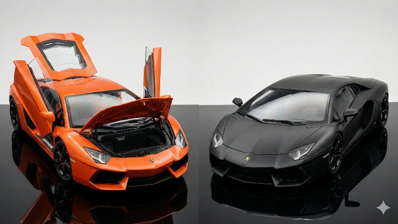 ドアやボンネットが全開になったオートアートのアヴェンタドールと、閉じた状態で完璧なプロポーションを見せるイグニッションモデルのアヴェンタドールの比較