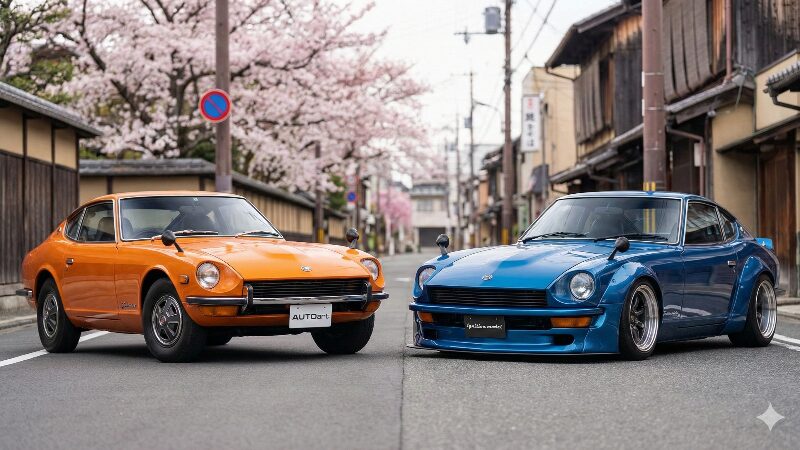 メーカー純正状態のオートアート製フェアレディZ(S30)と、ワイドフェンダーやローダウンが施されたカスタム仕様のイグニッションモデル製フェアレディZ(S30)