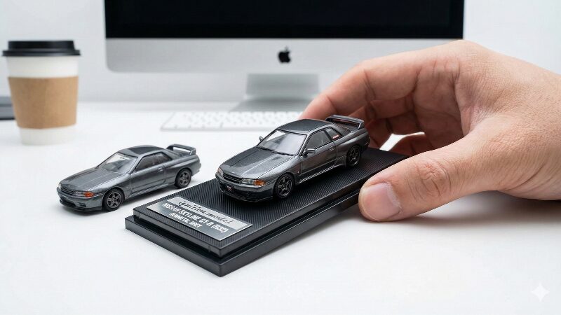 専用台座に飾られた非常に精密なイグニッションモデル製の1/64スケールGT-R(R32)レジンモデルと、一般的なダイキャストミニカーがデスク上に置かれている