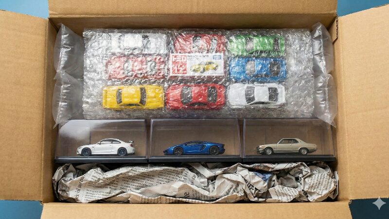 ミニカーを輸送中の破損から守るための丁寧な梱包例。ダンボールの底に新聞紙を敷き、ケース入りのモデルとプチプチで包んだトミカを重ね、隙間をエアクッションで埋めている様子。
