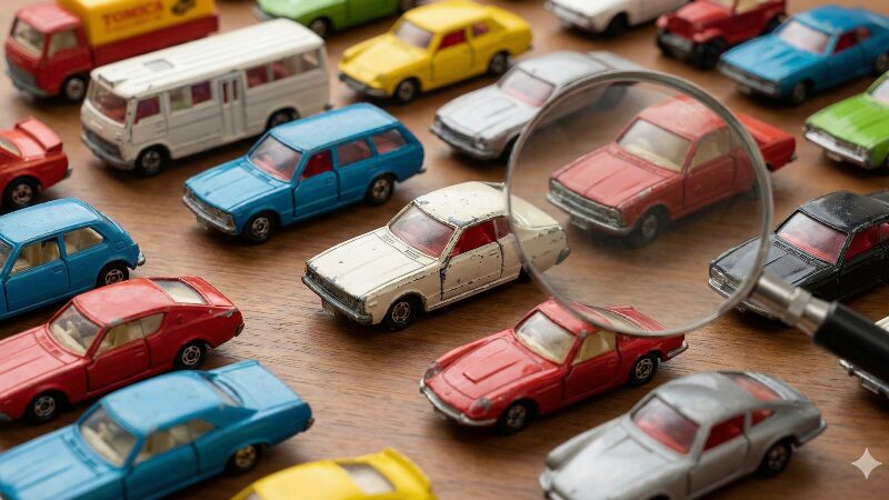 箱がなく、傷や塗装剥げがあるヴィンテージトミカが木のテーブルに並べられている様子。虫眼鏡が当てられており、専門バイヤーによる丁寧な査定を表現している。