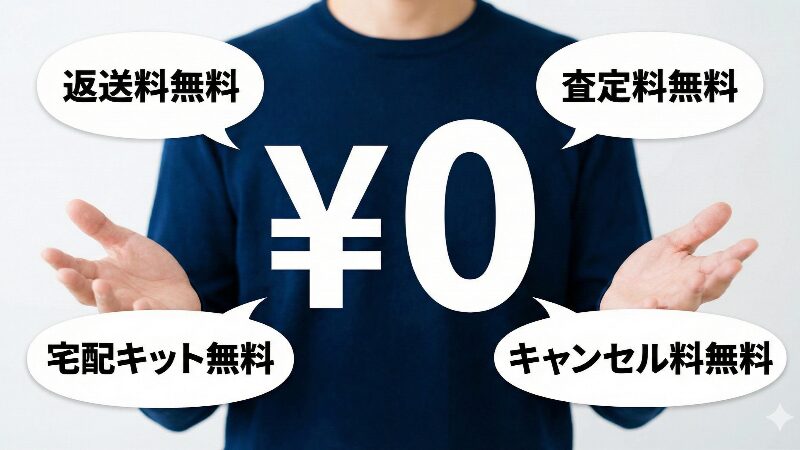 買取王国のサービスが完全無料であることを強調するイメージ画像。中央に大きな「¥0」の文字があり、「返送料無料」「査定料無料」「宅配キット無料」「キャンセル料無料」の吹き出しが囲んでいる。