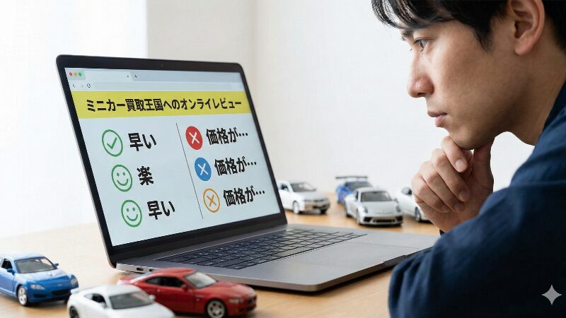ミニカー買取王国のオンラインレビューをパソコン画面で比較検証している様子。「早い」「楽」といった良い評判と「価格が…」という悪い評判が表示されている