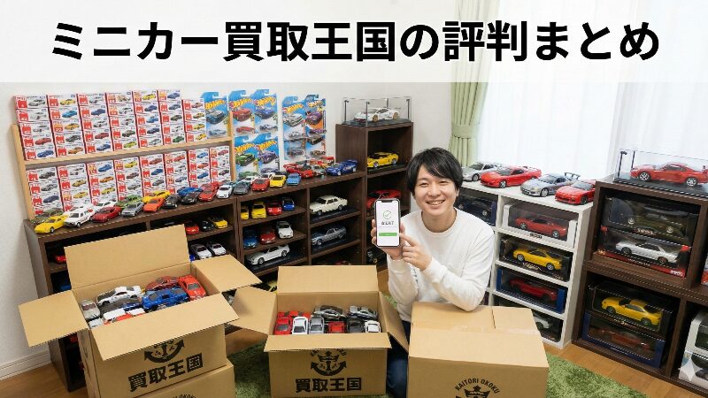 ミニカー買取王国の評判まとめ。大量のトミカやホットウィールなどのコレクションと、スマホで査定完了画面を見せて喜ぶ男性の様子