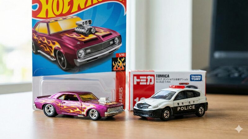 ホットウィールとトミカを並べ、カスタム文化とリアルなデザインの違いを明確に比較