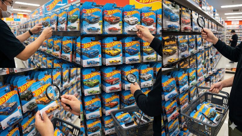 玩具店で大人のコレクターが熱心にホットウィールを探す、発売日の熱気