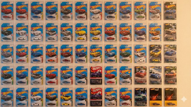 ブリスターパックのまま美しく展示されたコレクターの部屋の様子