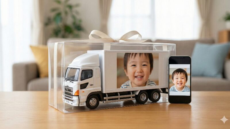 子供の笑顔の写真がプリントされたトミカのウイングトラックがギフトボックスに入り、スマホの元画像と一緒に置かれている