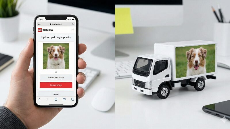 スマホでペットの写真をアップロードする画面と、その写真がプリントされた完成品のトミカトラックが並んでいる