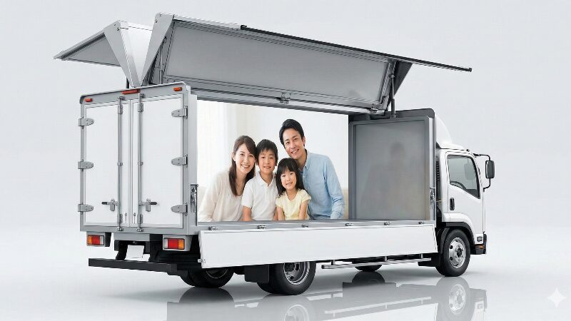 ウイングが全開になったトミカのトラック。平らな荷台側面に家族写真が歪みなく鮮明にプリントされている