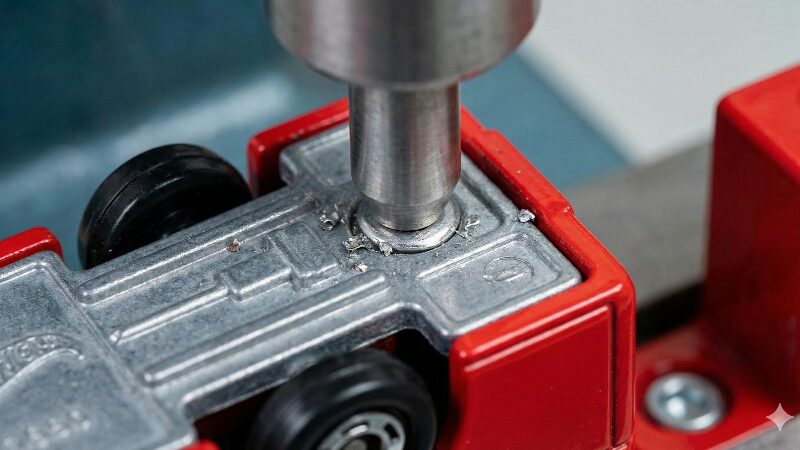 専用の金属プレス機でトミカのロンドンバスのシャシー裏のリベットをカシメている