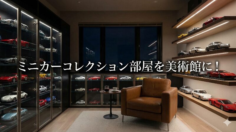 美術館のようにライトアップされた高級感のあるミニカーコレクション部屋の全景