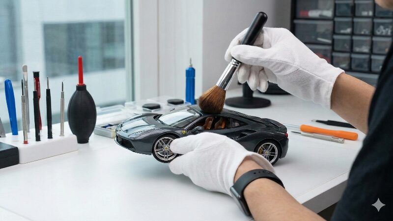 手袋をしてエアダスターとブラシで丁寧にミニカーを清掃しているコレクターの様子