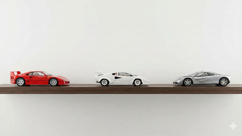 広い余白をとって3台のスーパーカーだけが贅沢に並べられた木製の展示棚