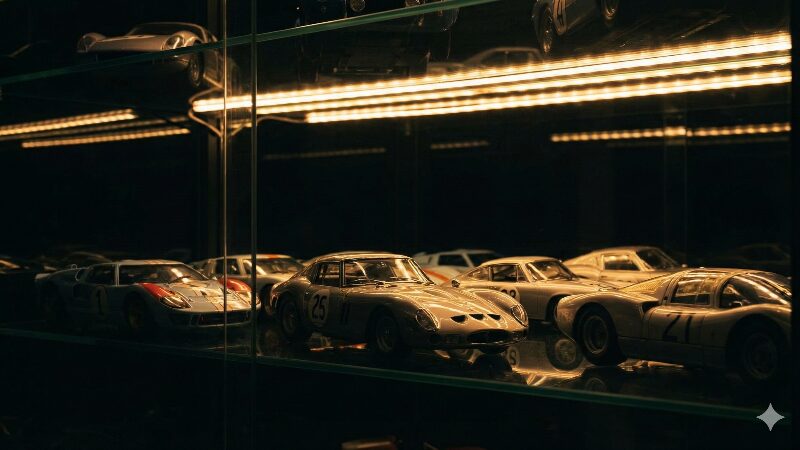 温かいLEDテープライトでドラマチックに照らし出されたクラシックカーのコレクションケース