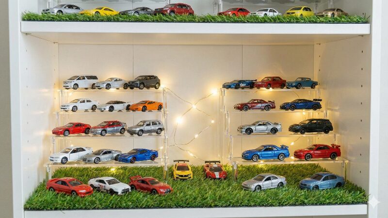 100均のアクリルスタンドや人工芝を使って工夫された小スケールミニカーのDIY展示