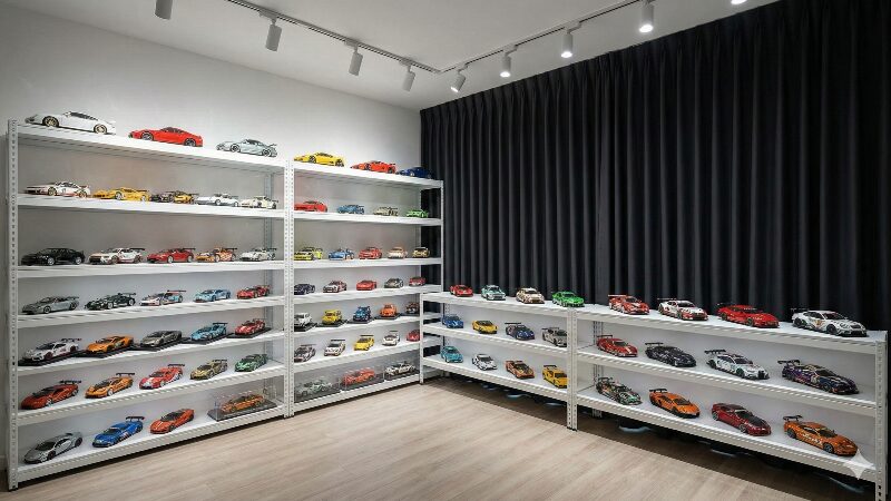 遮光カーテンで日光を完全に遮断し、LED照明で管理されたコレクションルーム