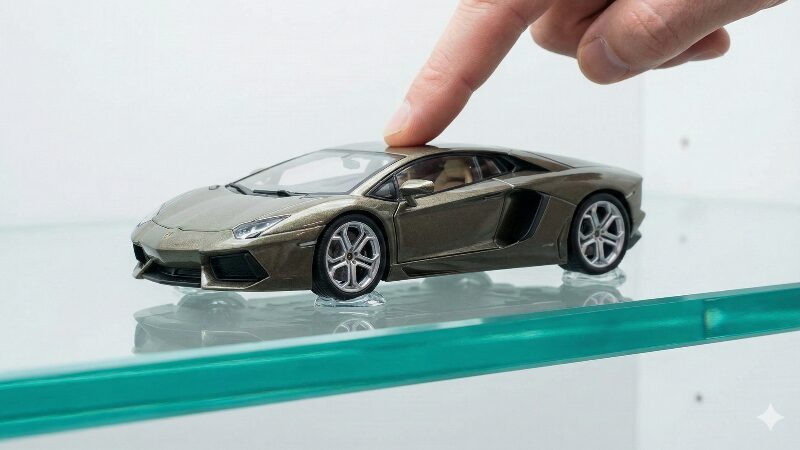 ガラス棚の上で透明なミュージアムジェルによってしっかりと固定されたモデルカーの足元