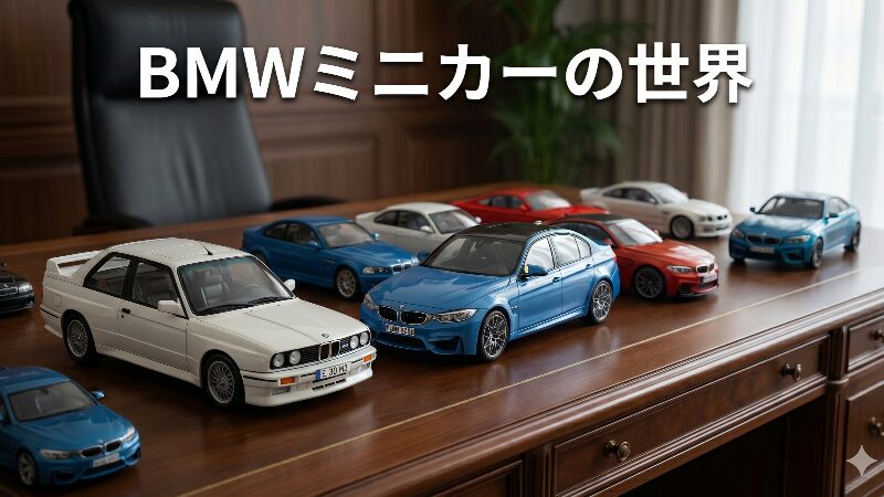 木製のデスクの上に美しく並べられたBMWの高級ミニカーコレクション