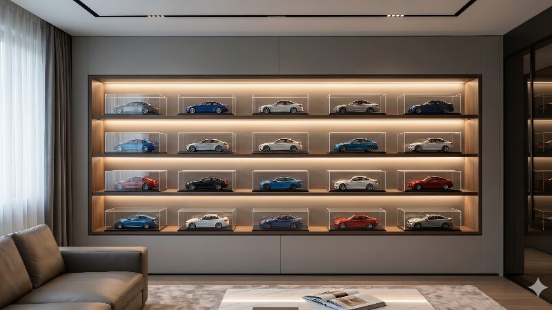 間接照明が美しいモダンな部屋に設けられた、専用ケース入りBMWミニカーの洗練されたディスプレイ棚