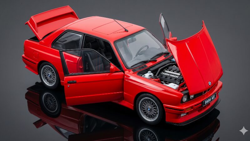 ドアやボンネットが開閉し、緻密なエンジンルームが露出した赤いBMW E30 M3の1/18スケールミニカー