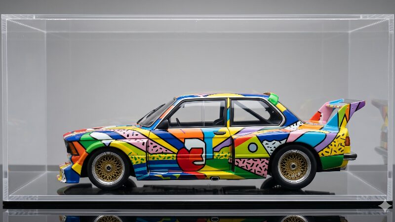 鮮やかな幾何学模様が描かれたBMWアートカーのミニチュアがアクリルケースに展示されている