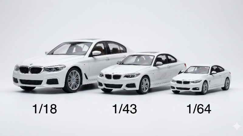 1/18、1/43、1/64という3つの異なるスケールのBMWミニカーが並んだサイズ比較画像