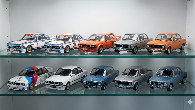 ガラスのシェルフに美しくライトアップされて飾られた7台の歴代BMW名作ミニカー