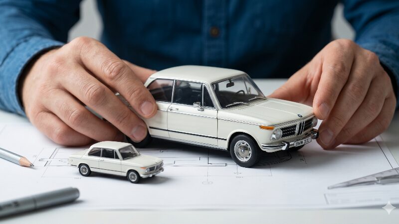 コレクターが1/18スケールと1/64スケールのBMWミニカーを製図台の上で熱心に比較している様子