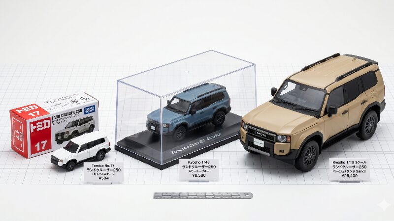 トミカ・京商1/43・京商1/18のランクル250ミニカー3種をスケール順に並べたサイズ比較写真