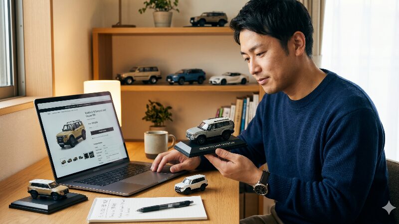 自宅のデスクでランクル250のミニカーを見比べながら検討する男性
