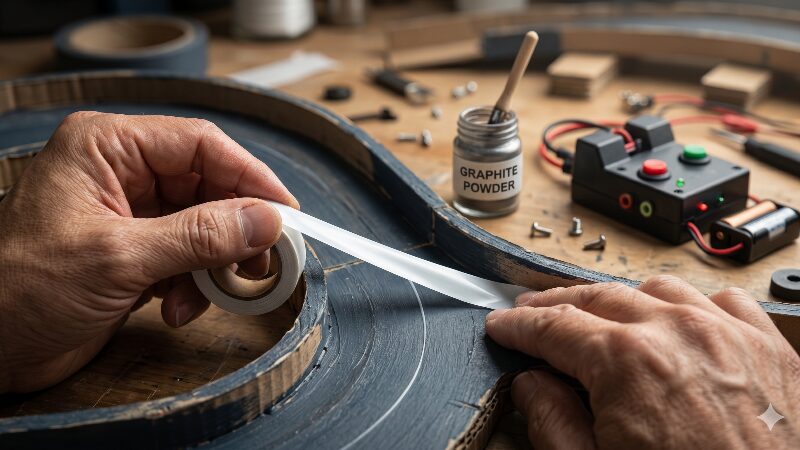 自作コースのカーブにテフロンテープを貼って摩擦を減らす作業の様子 