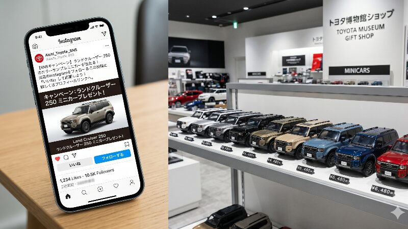 ディーラーのInstagramキャンペーン画面とトヨタ博物館ショップに並ぶ全9色のカラーサンプルミニカー