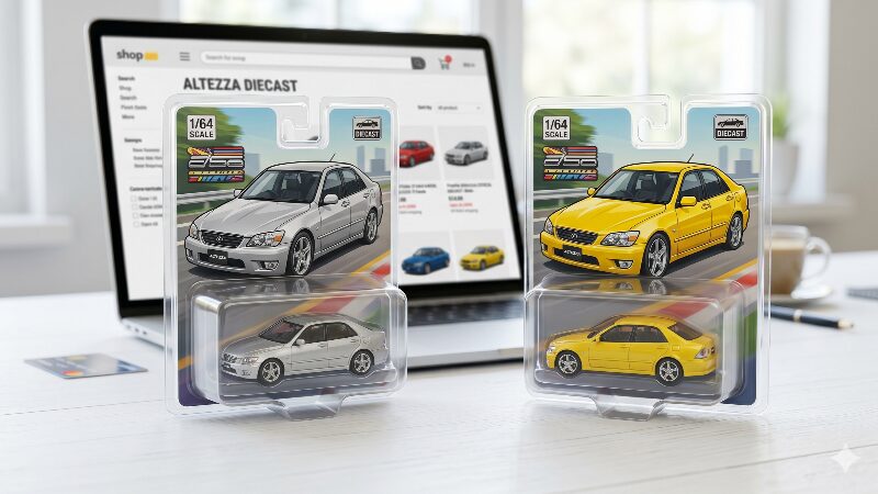 シルバーとイエローのアルテッツァを通販で比較検討するイメージ