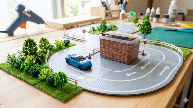 100均の道路マステや情景アイテムで作ったミニカーコースのジオラマ