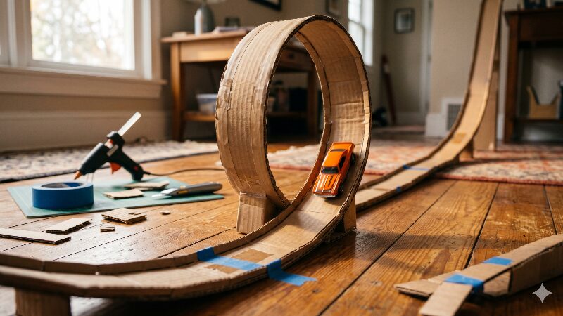 ダンボールで自作したループ付きのホットウィール コースを走る1/64ミニカー