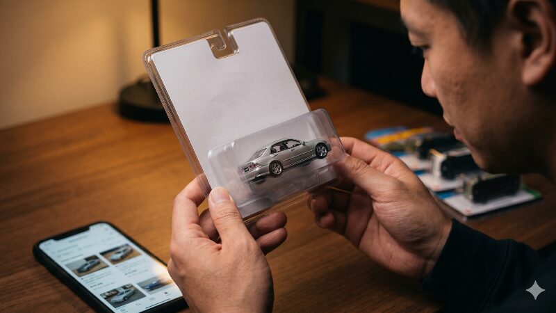ブリスター入りのアルテッツァ ミニカーを手に取り相場を確認する男性の手元