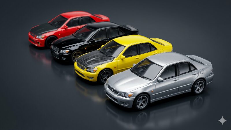 ホットウィール アルテッツァのシルバー・イエロー・ブラック・レッド4種類を並べた1/64ミニカー