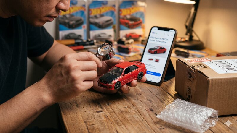ルース品の赤いアルテッツァを拡大鏡で状態確認する男性の手元
