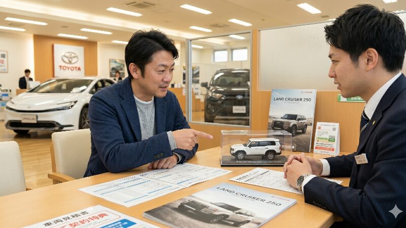 トヨタディーラーの商談ブースでランクル250のカラーサンプルミニカーについて交渉する男性客と営業担当者