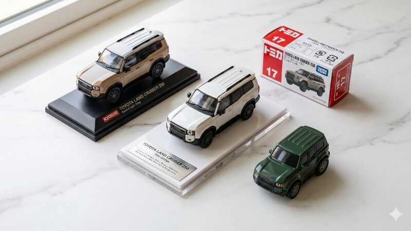 ランクル250の各種ミニカー（1/30カラーサンプル・トミカ・京商1/43・プルバックカー）を白い大理石の上に並べた
