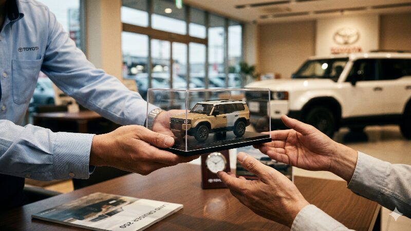 トヨタディーラーのショールームでランクル250のカラーサンプルミニカーを受け取る