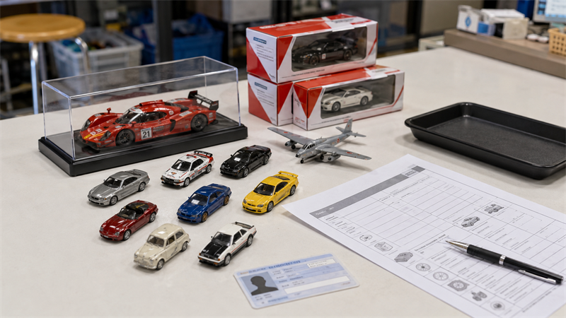 ブックオフ ミニカー 買取の対象品を確認するためにトミカや精密モデルを並べた机