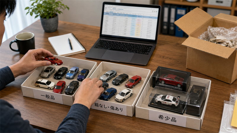 ブックオフと専門店のミニカー買取を比較するために3種類の箱に仕分けたコレクション