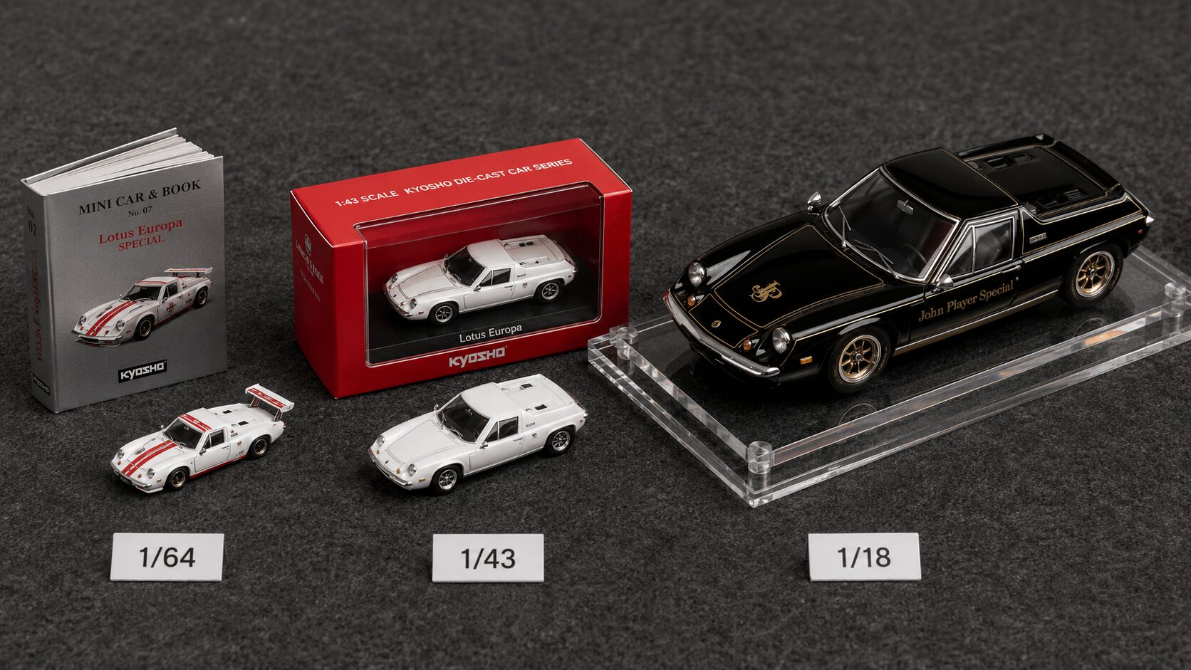 京商ロータスヨーロッパ1/64・1/43・1/18のスケール比較フラットレイ