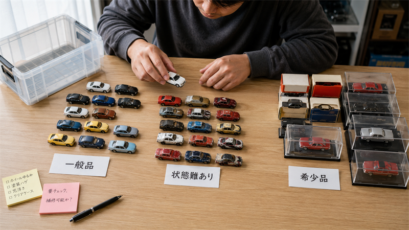 ミニカーを一般品と希少品に仕分ける買取前の作業