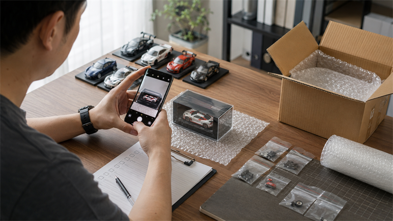 ミニカー買取サービスに出す前に写真を撮って記録する作業